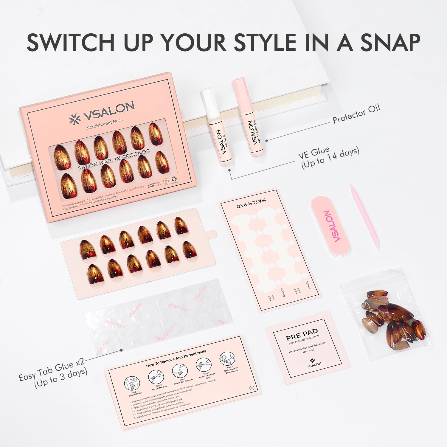 VSALON Press On Nails Short Almond – Golden Cat Eye, 32 PCS