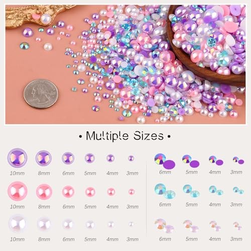80g Flatback Pearls and Rhinestones for Crafting, Pink Purple 3 80g Pink Purple