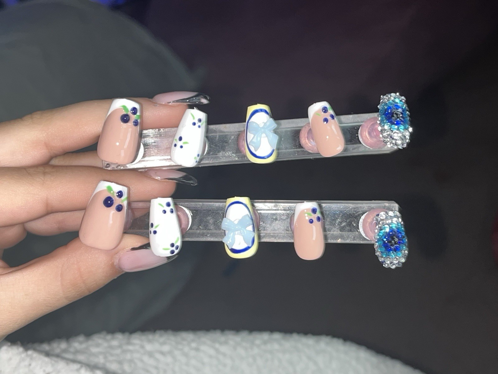 Press-On Nails Set Blue White Nude 3D Flowers Full Cover Square Pre-Designed