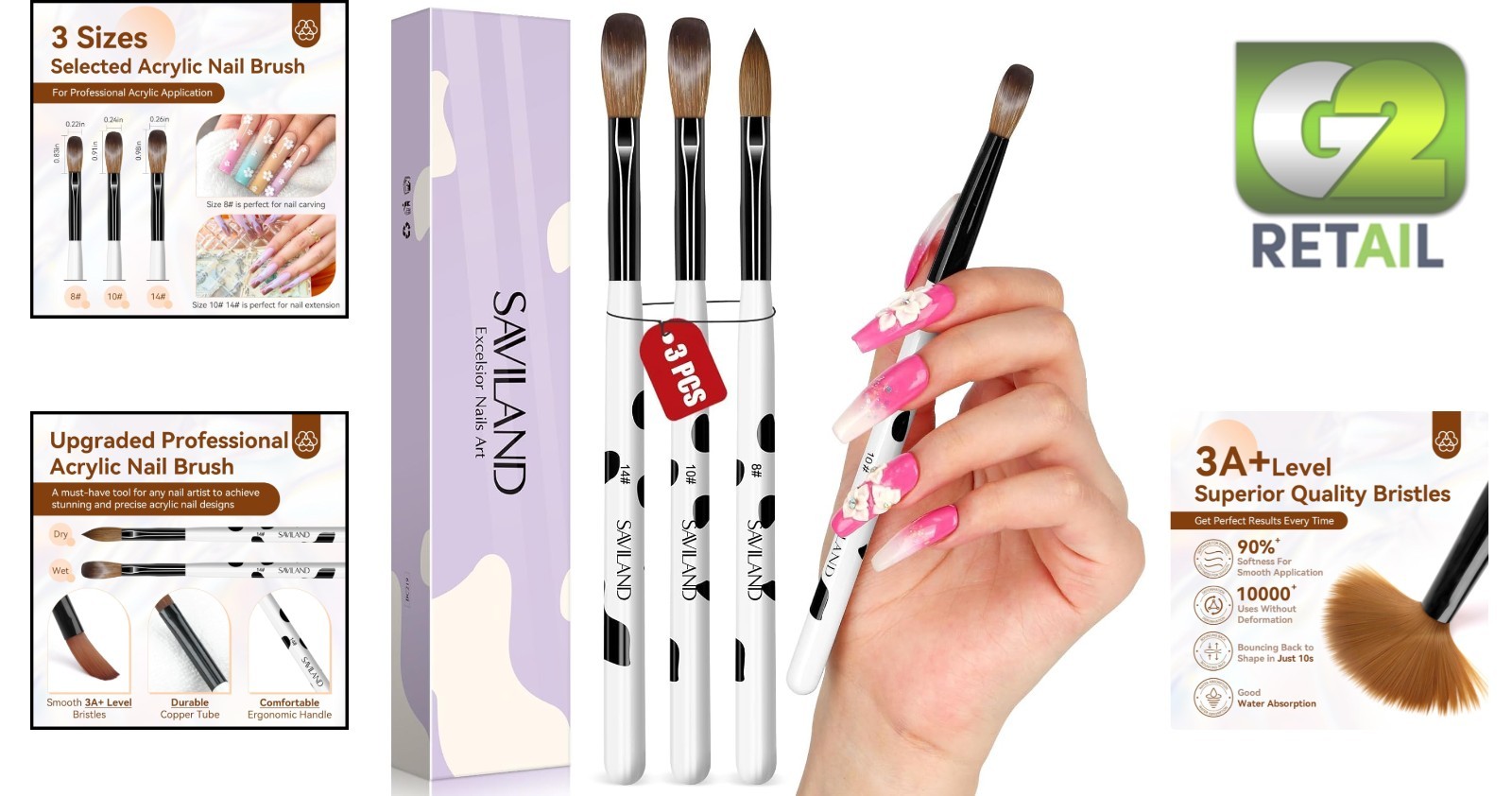 Colorful 3-Piece Acrylic Nail Brush Set – Sizes 8, 10, 14 for Creative Nail Art