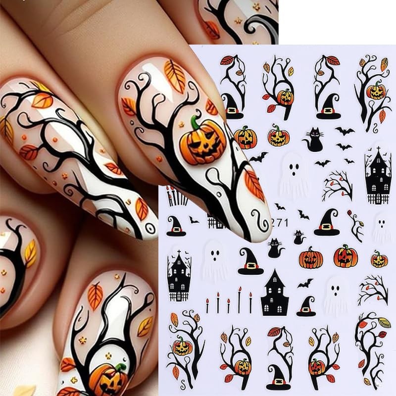 10Sheets Halloween Cute Cartoon Nails Art Stickers Ghost Mushroom Skull Pumpk…