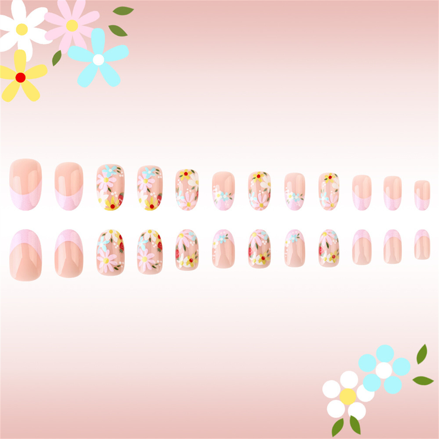 Short Oval Press-On Fake Nail Spring Summer Colorful Flowers Manicure 24pcs