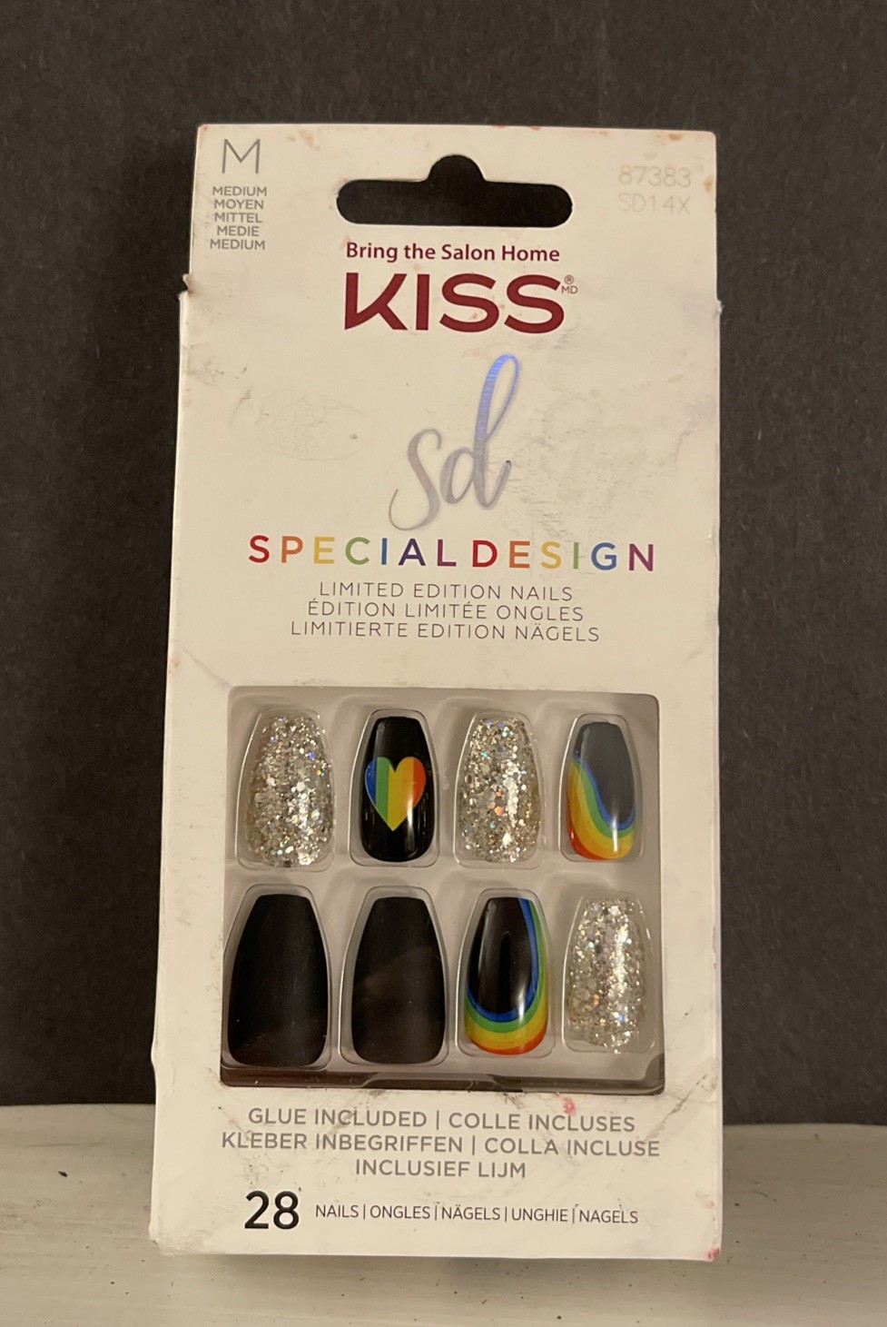 Kiss Special Design Glue-On Black Medium Length Rainbow Pride Nails. Brand New!
