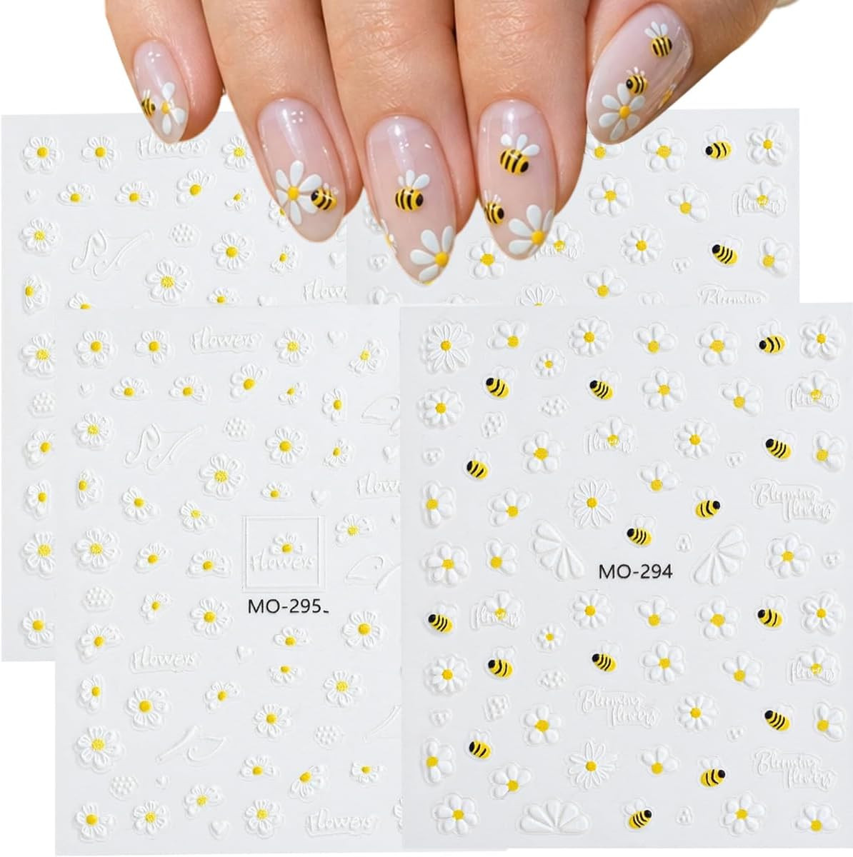 4Pcs Daisy Bee 5D Embossed Nail Art Stickers | Floral White Petal, Textured Mani