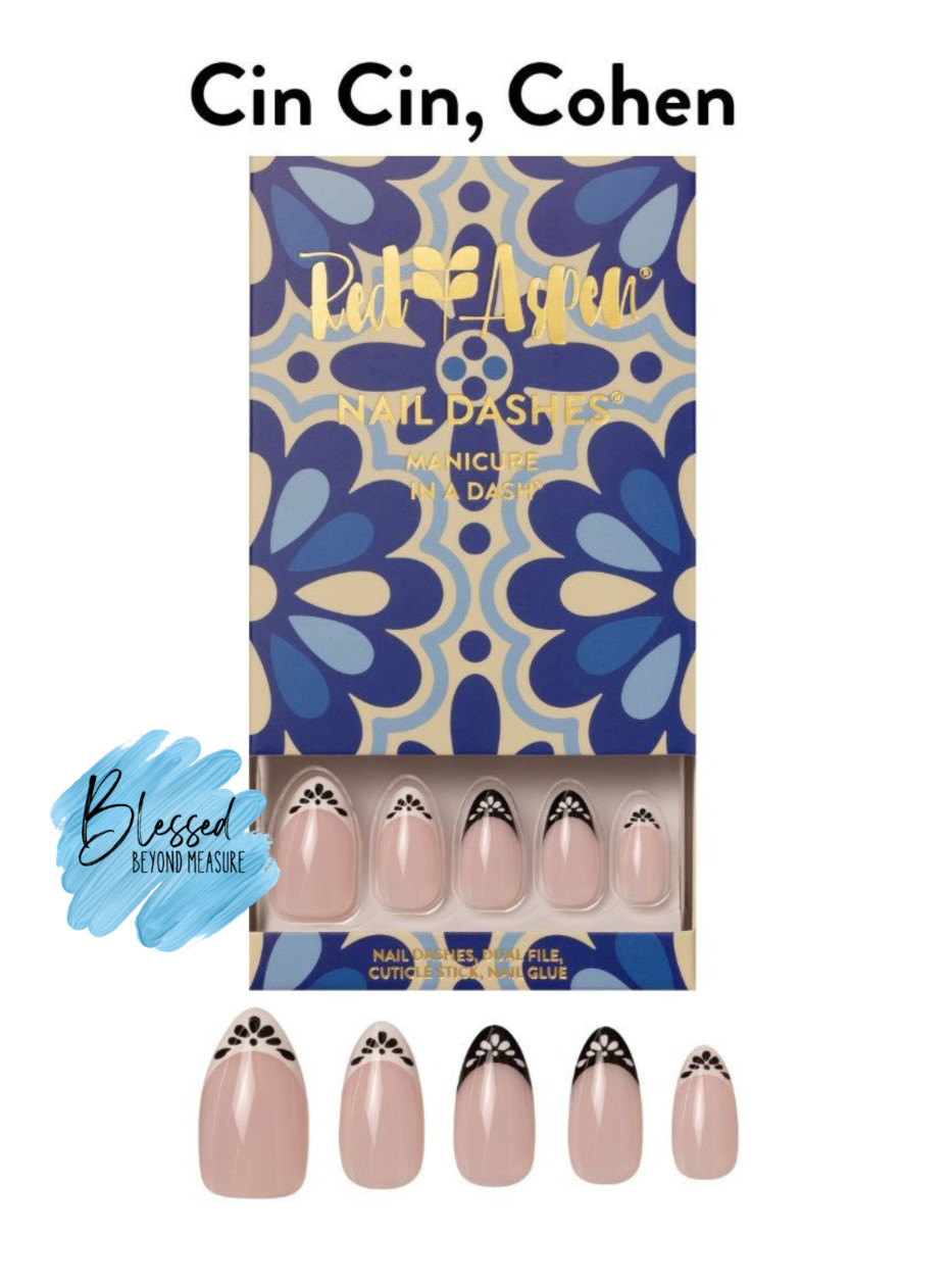 Red Aspen Press On Nails Cin Cin, Cohen~ Black & White ~French Tips -Med-Almond