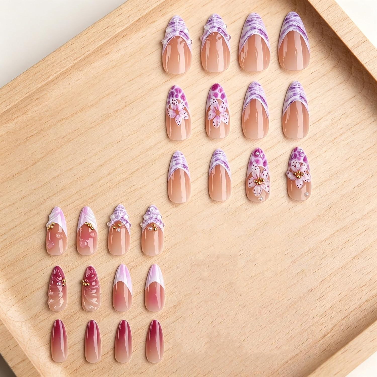 24Pcs Purple Pink Press on Nails Almond Medium 3D Embossed Lavender Fake Nail Sp