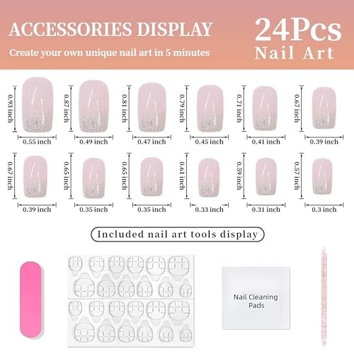 24Pcs Glitter White French Tip Press on Nails Square Gradient French Style