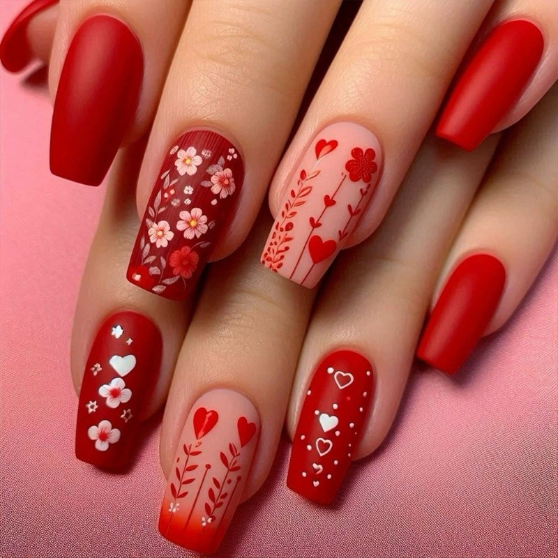 48 Pieces of Shiny Red Matte Ballet Shaped Medium Length Glossy Nail Art