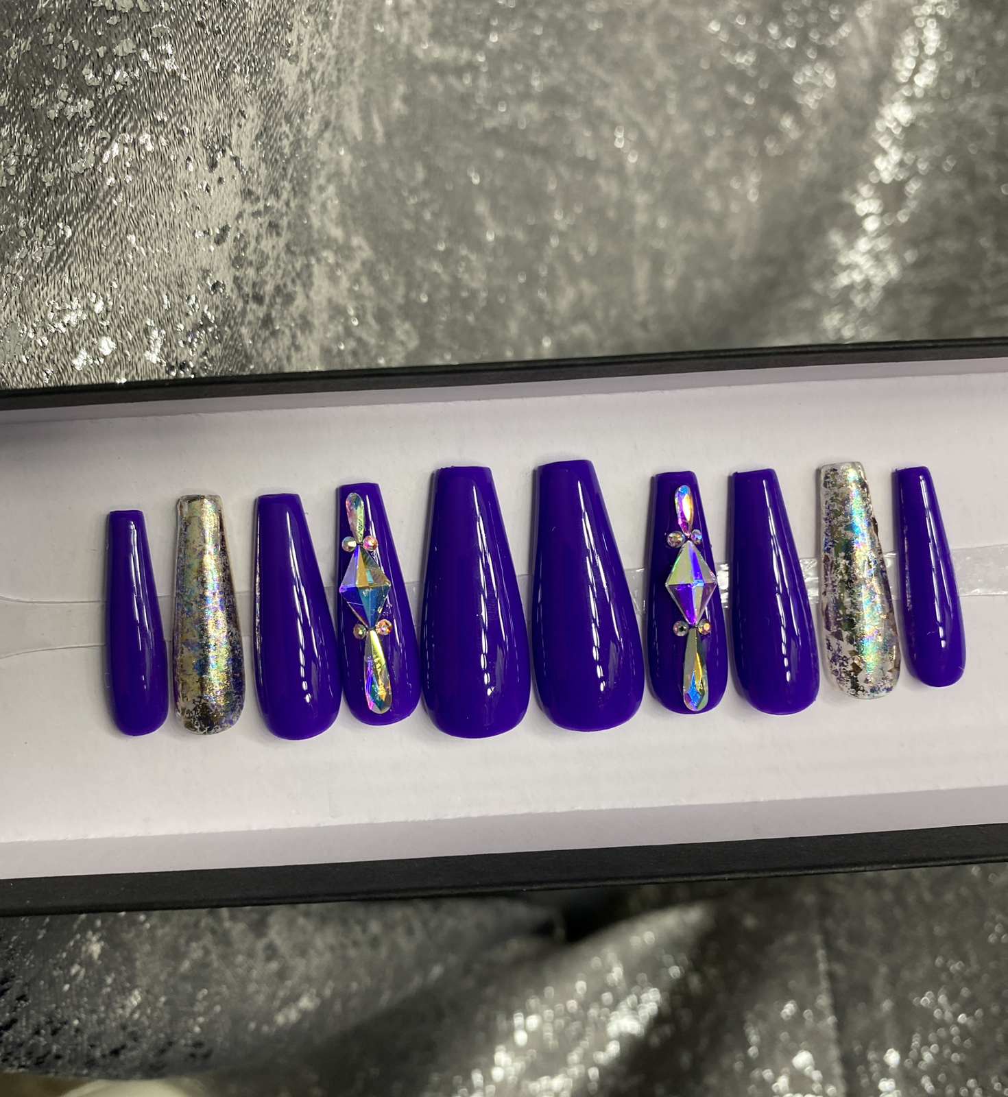 Luxury Gel Press On Nails,Marine W Bling , Long Coffin, 10p Nail Set W/ kit