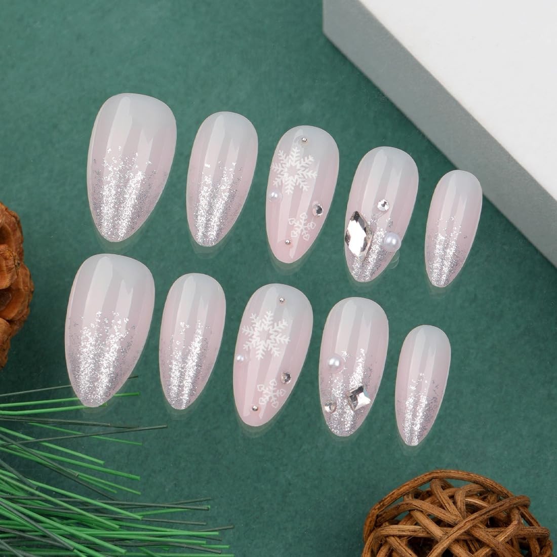 Almond Press on Nails White Short Medium Ombre fake on Nails with Glitter Rhi…