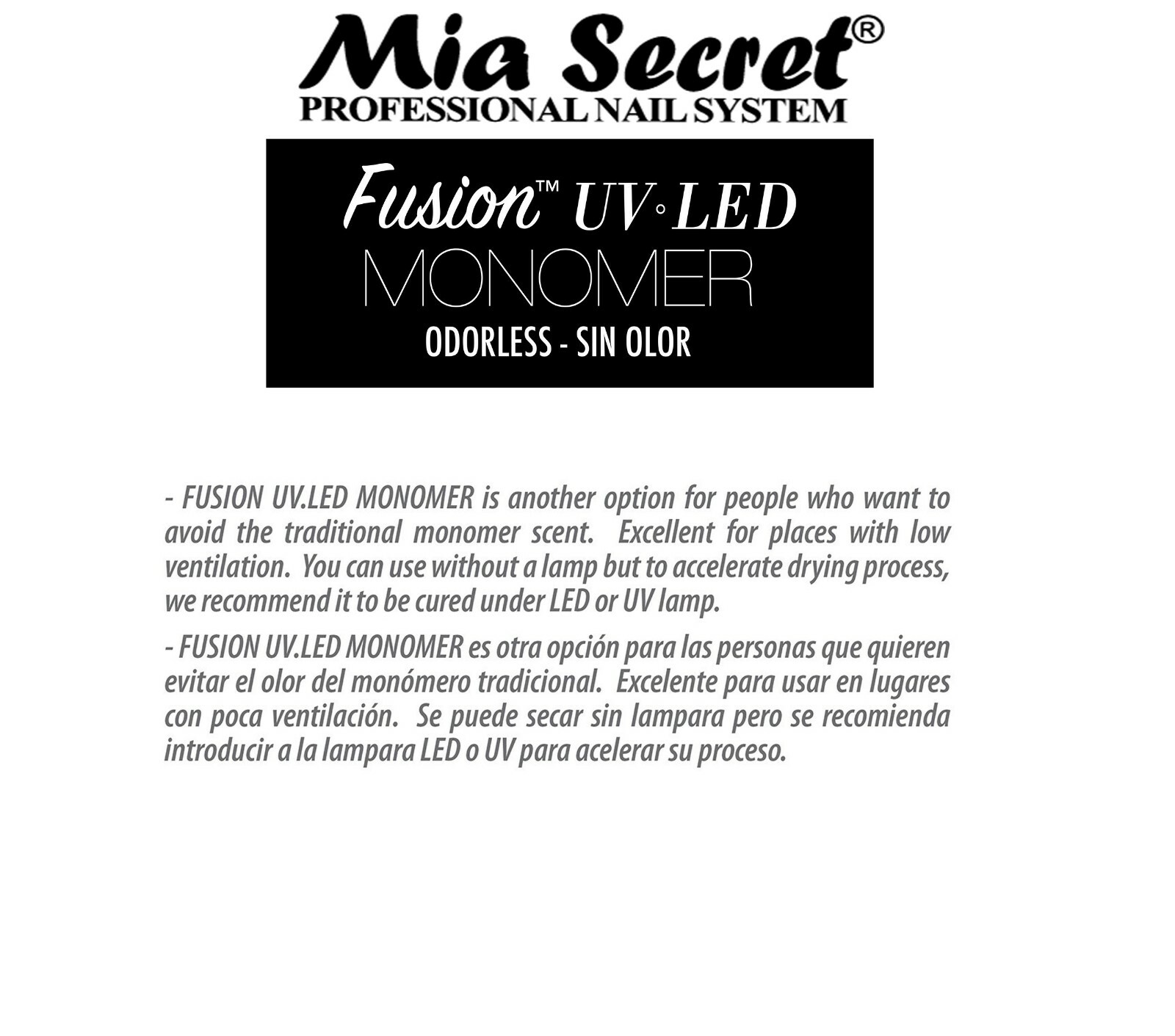 Mia Secret ODORLESS FUSION UV LED MONOMER 2oz / 4oz / 32oz Pick Yours