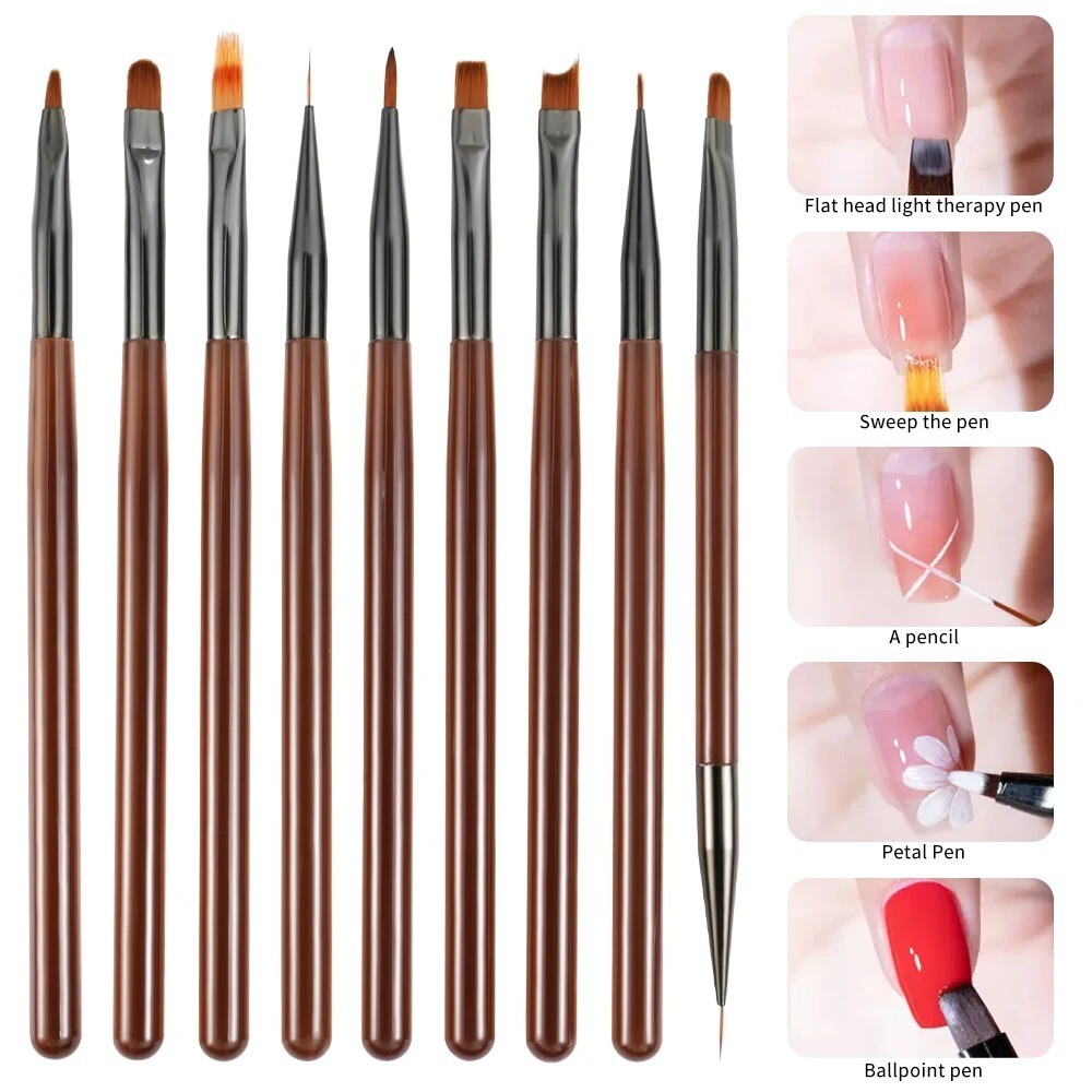9PCS Nail Art Brush Set Gel Acrylic Liner Pen Detail Painting Manicure Tools UK