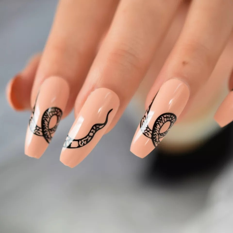 24 Nude Tan Snake press on nails kit with glue goth alt emo edgy black design