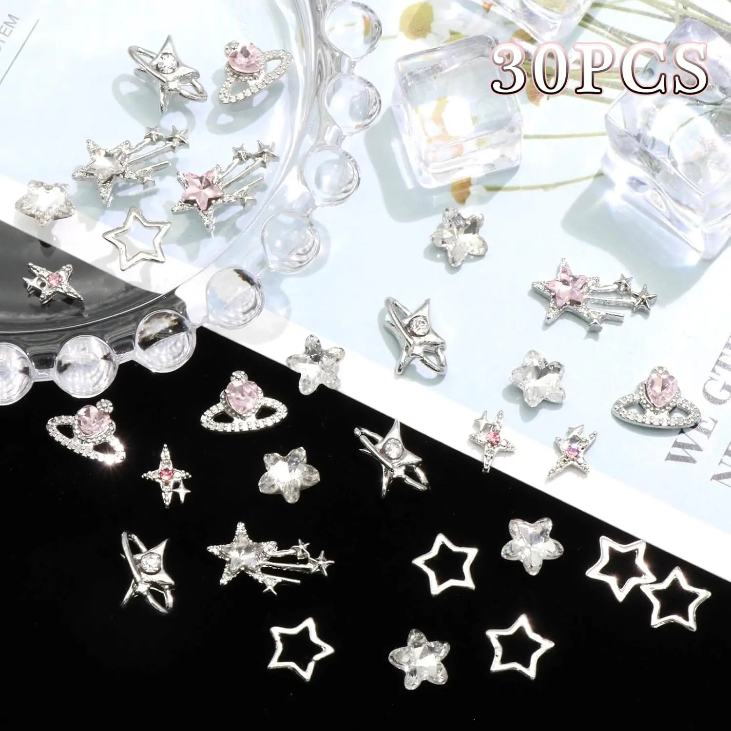 40PCS Y2K 3D Silver Star Nail Charms Pink Nail Rhinestone Multi Style Nail Art