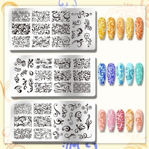 3 Pack French Nail Stamping Plates Swirl Flower Pattern Stainless Steel Template