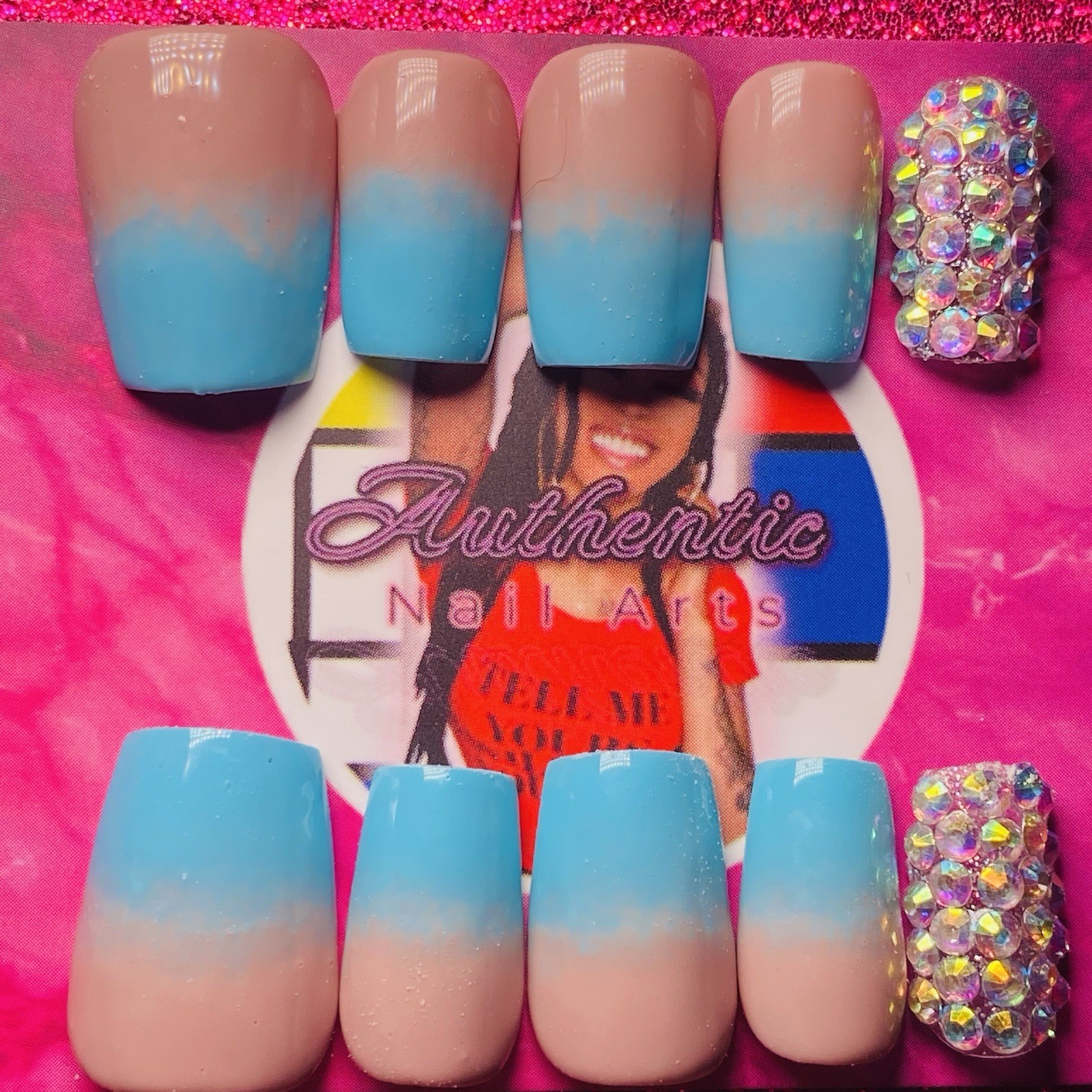 Square Press-On Nails Blue Nude Ombre Sparkle Shiny by Authentic Nail Arts