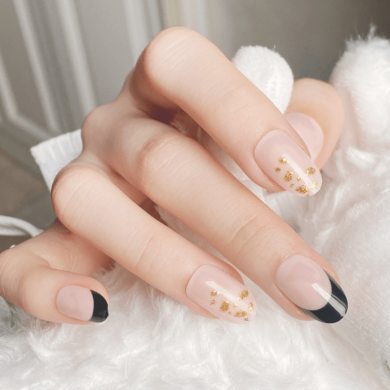 48 Pcs Nude Black Gold Foil Press on Nails, Short Oval French Style Fake Nails