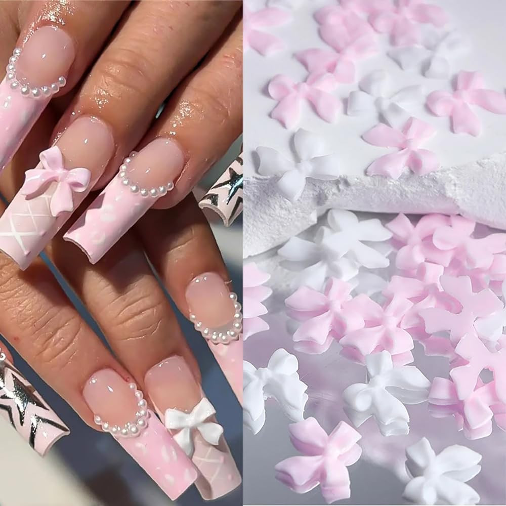 Nail Charms, Flower Bow Manicure Kit, Pink White 3D Cute Flower and Bow Nail Cha