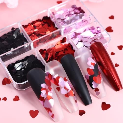 3D Heart Nail Art Glitter Sequins for Valentine, Red Black Mixed Holographic