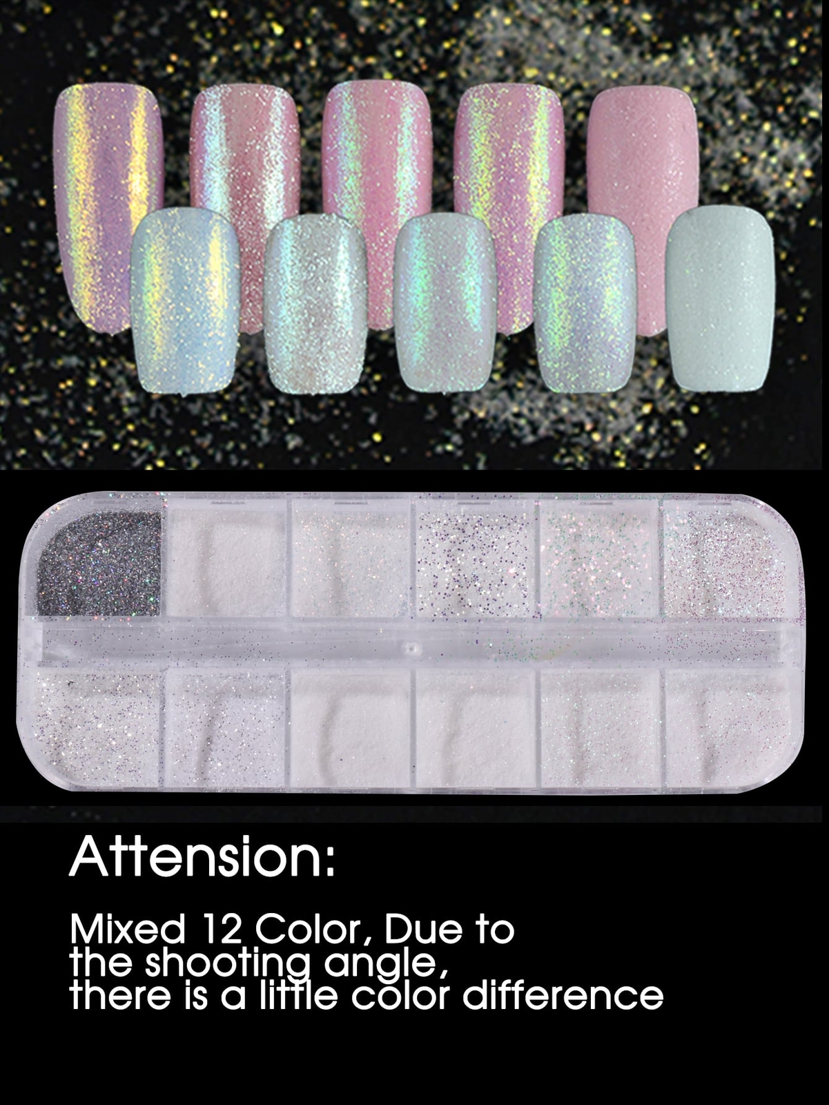 =Sugar Nail Glitter Powder, 12 Grids Iridescent Sandy White Color Nail Glitter