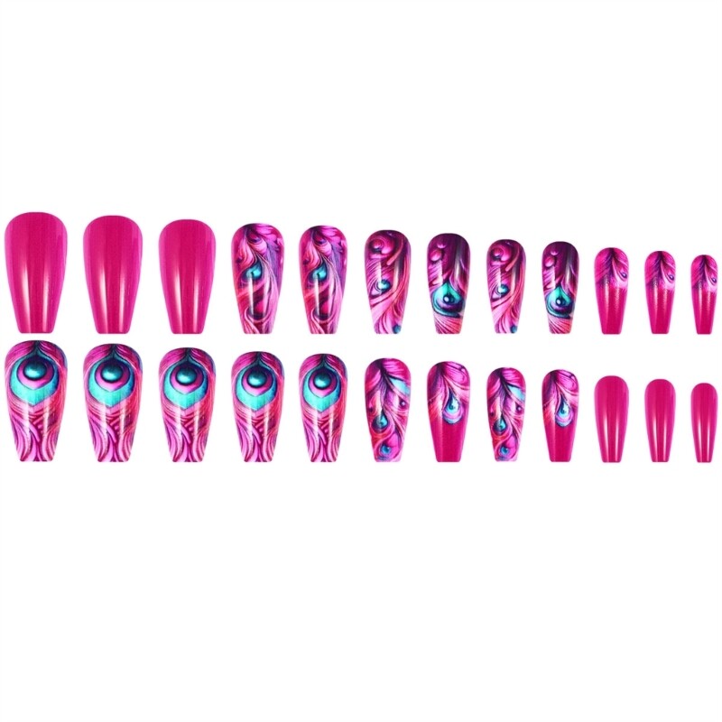 24 Pcs Square False Hot Pink Feathered Design Glossy Finish Press On