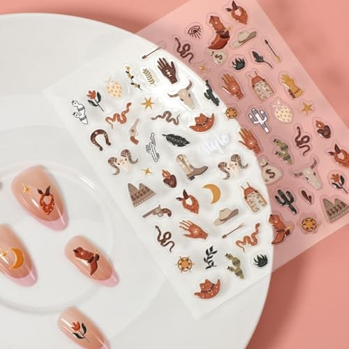 2 Sheets Retro Cowboy Nail Art Stickers, Western Style Self-Adhesive 5D