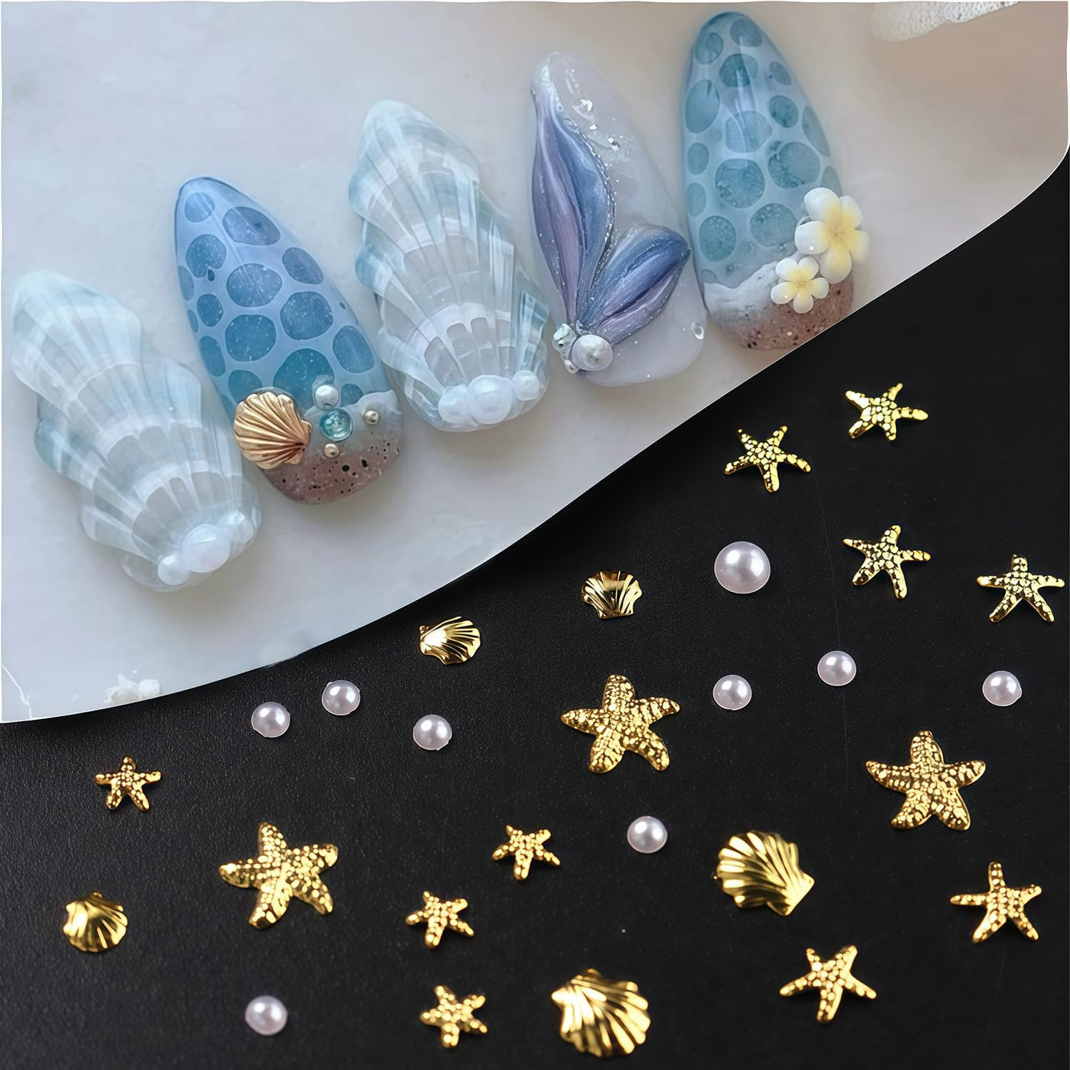 Summer Beach Nail Charms Pearl Shell Starfish Nail Rhinestones Ocean Style Nail