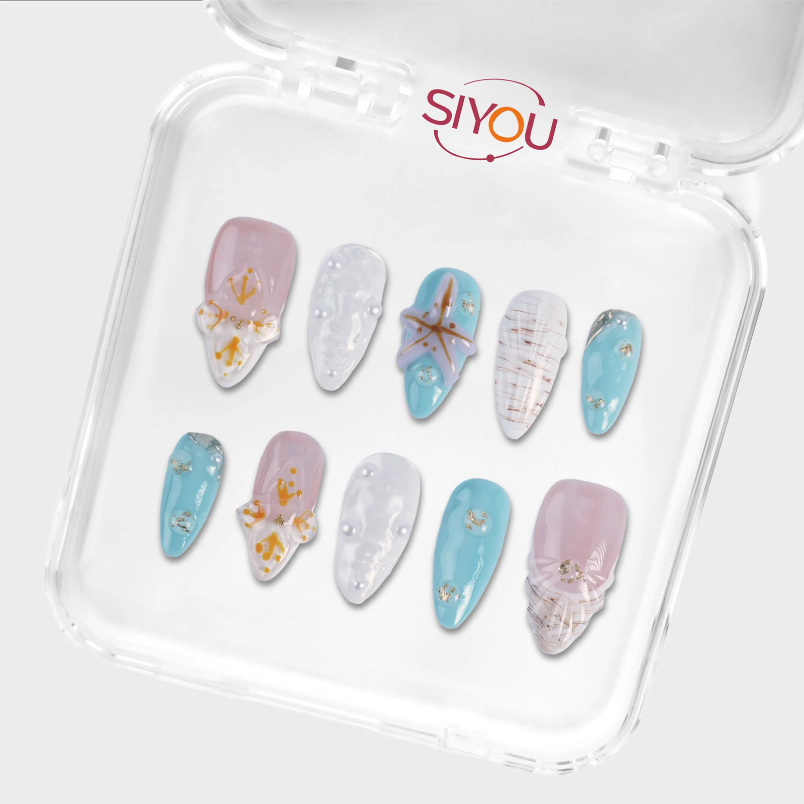 SIYOU Cabana Medium Almond Blue Pink Starfish Press-On Nails 10pc