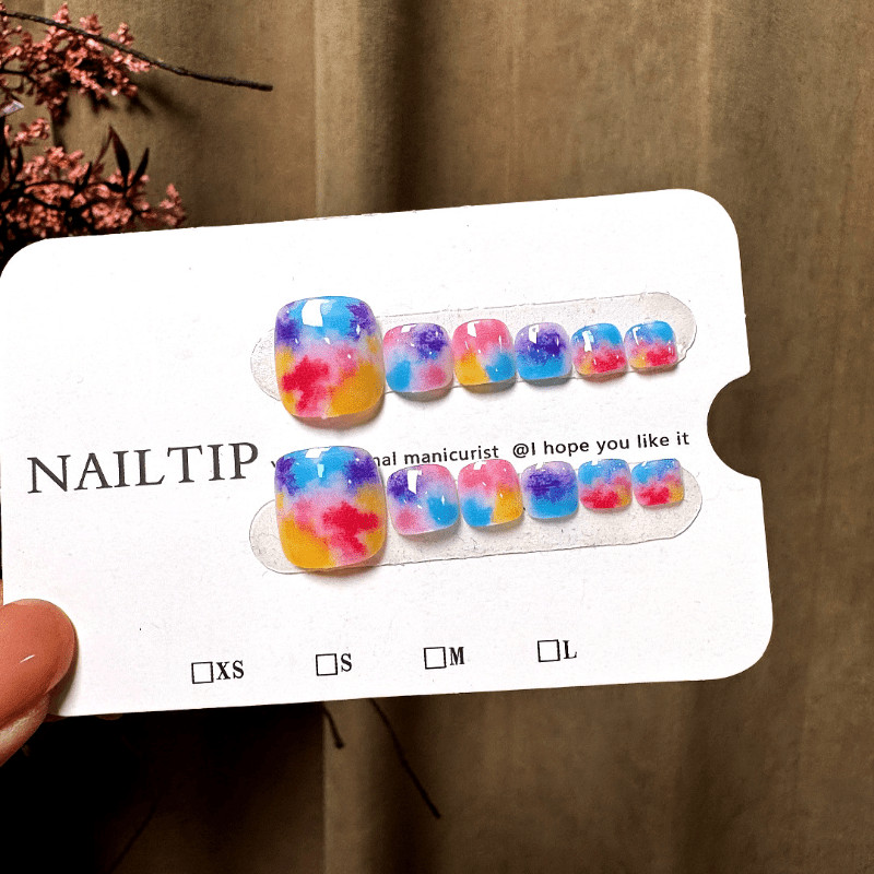 72Pcs-Short Square Rainbow Watercolor Tie Dye Toe Fake Press on Nails Set