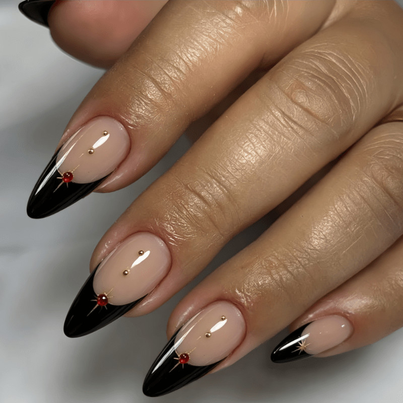 48Pcs-Halloween Long Almond Black French Gem Press on Nails Nude Fake Nails