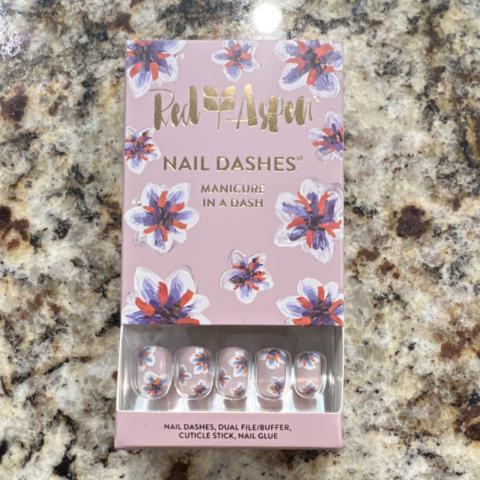 Red Aspen Press-On Nails Flower Design Multicolor Shiny Full Cover Glue Included