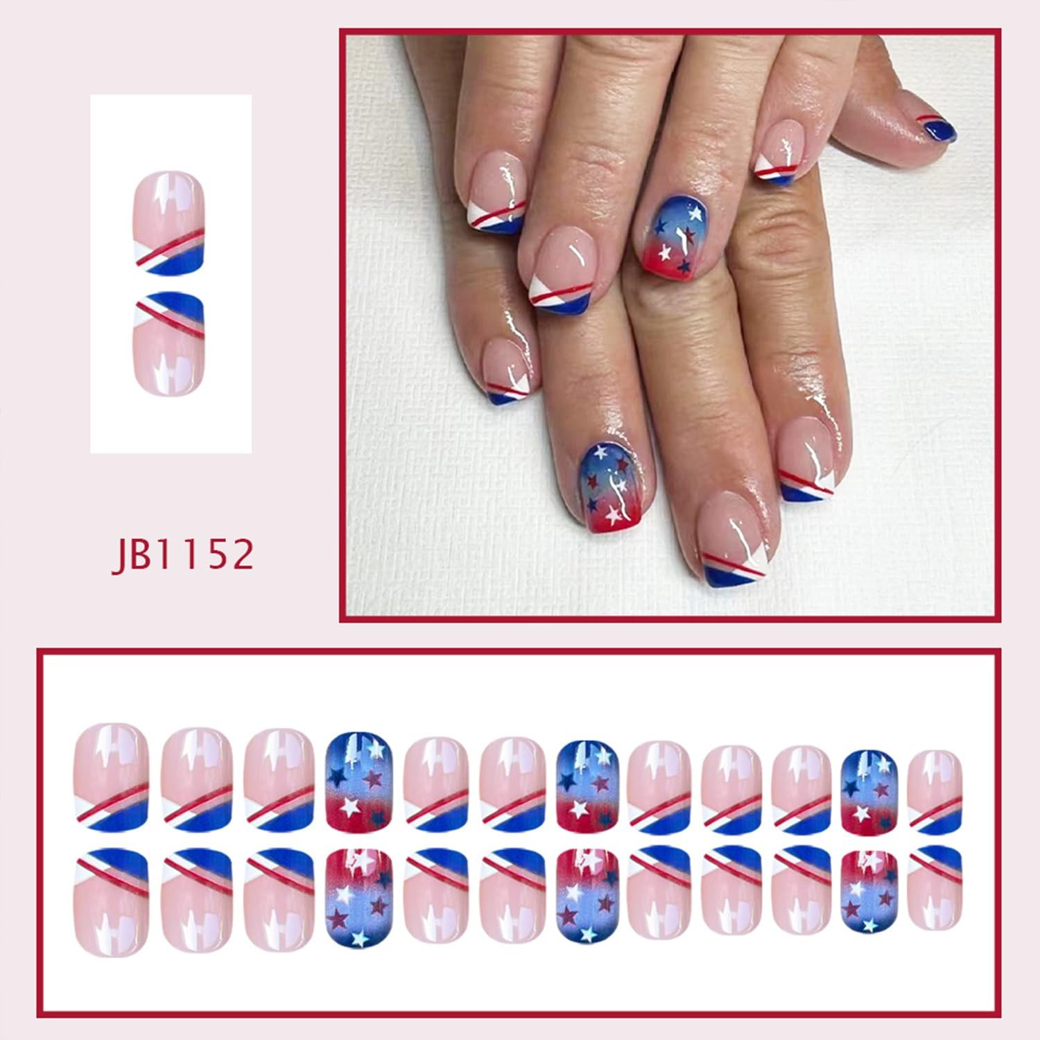 4th of July Press on Nails French Tip Independence Day False Nails Short Squa…