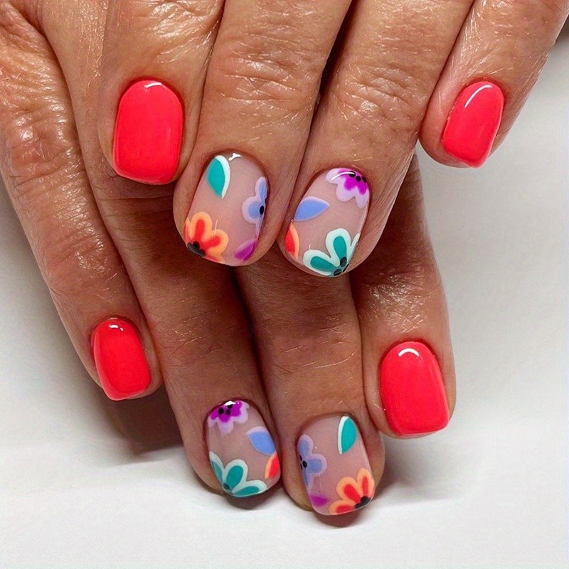 96pcs Vibrant Neon Pink Press On Nails Colorful Small Floral Manicure for Outing