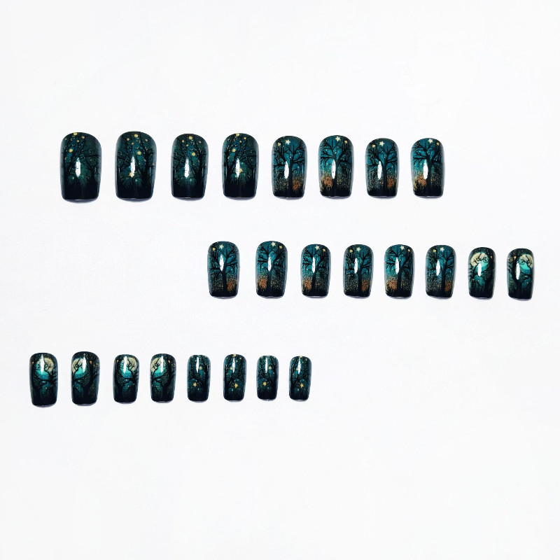 48 Pcs Halloween Tree Press on Nails, Long Coffin Star Glitter Gothic Fake Nails