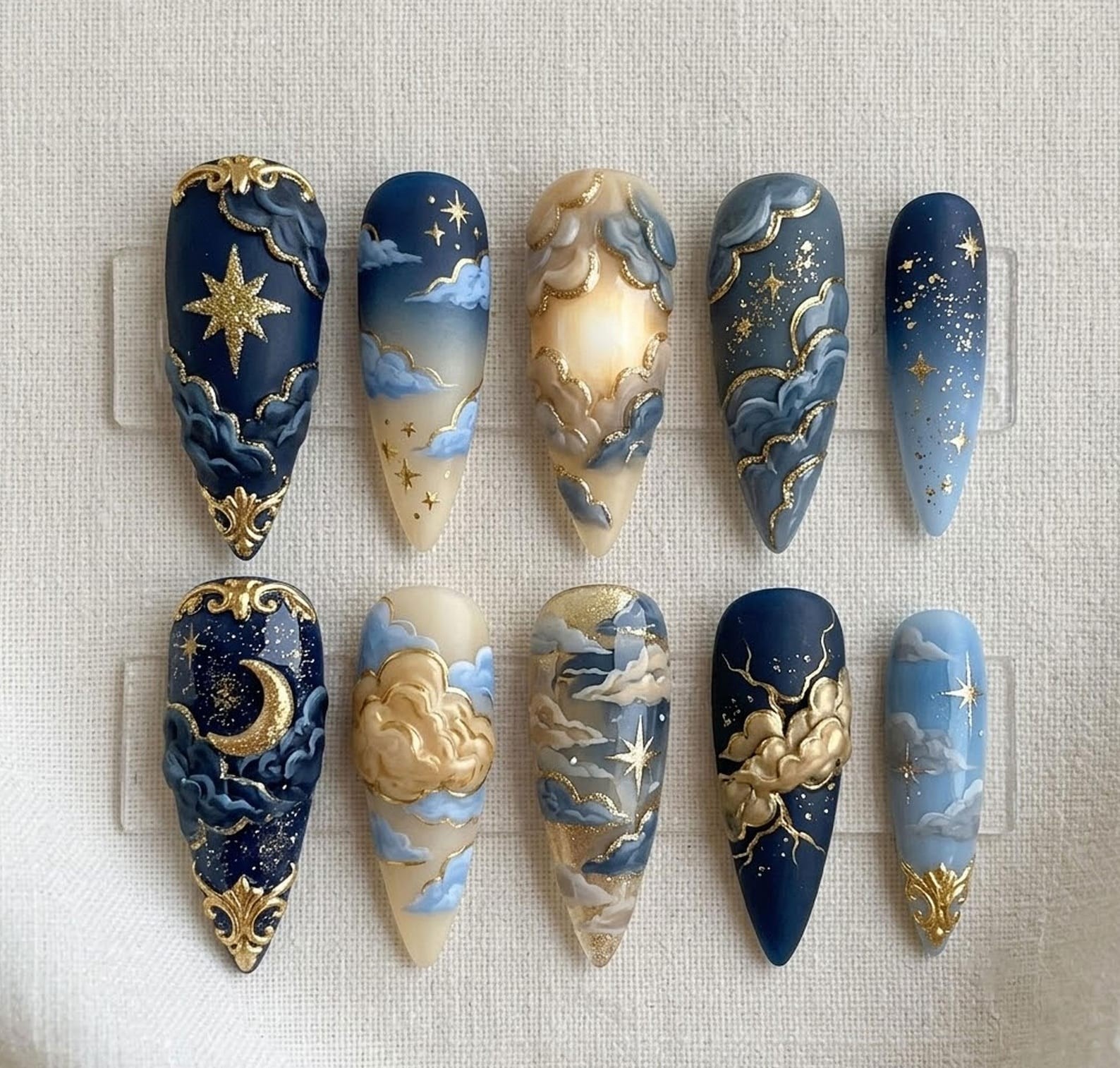 Handmade 3D Cloud Star Moon Gold Glitter Medium Almond Press on Nails Set