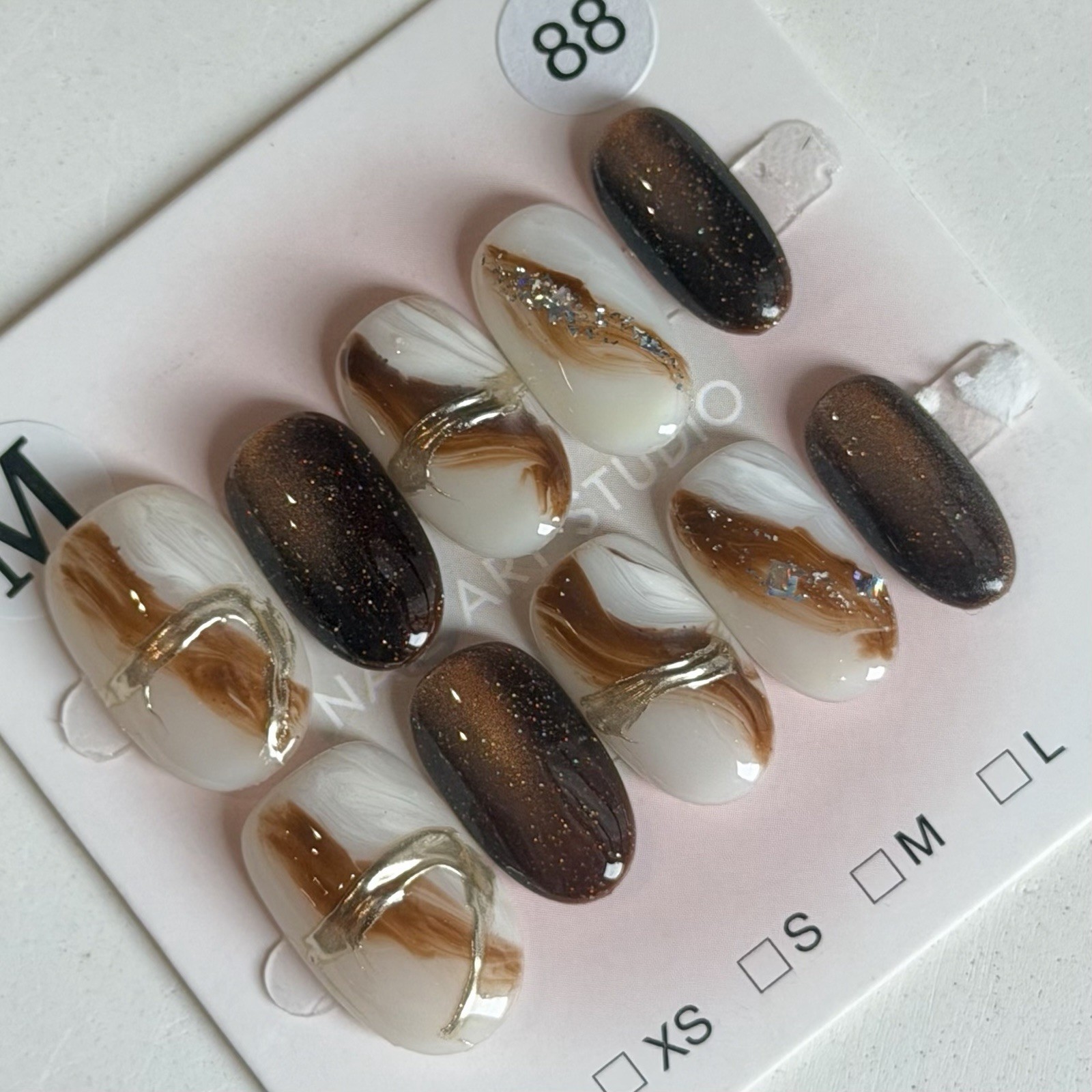 Handmade White Brown Ombre Press-On Nails Short Oval Reusable Fake Nail Size M