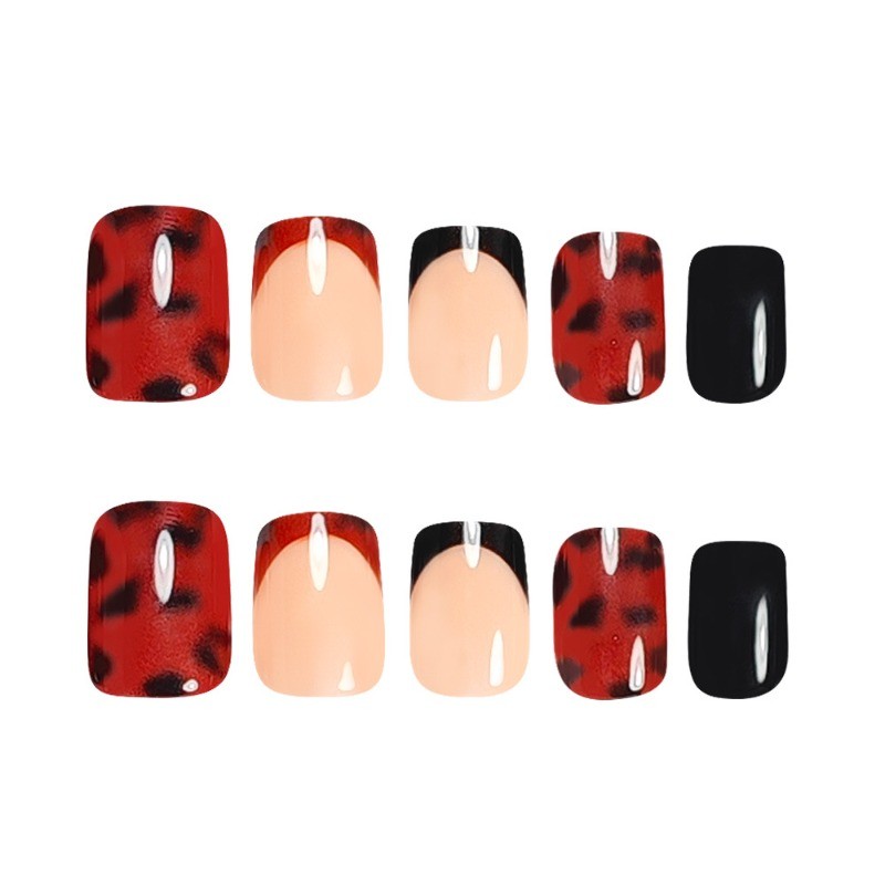 48PCS Short Square Nude Black French Pointed Leopard Print Nail Press, Reusable