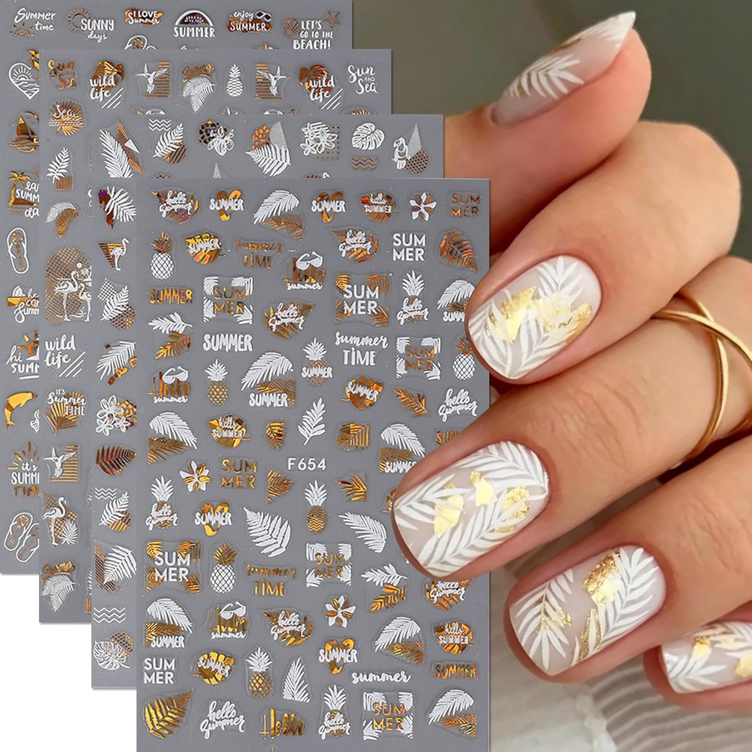 Leaves Nail Art Stickers 12 Sheets Metallic Gold Silver Palm Leaf Flamingo Na…