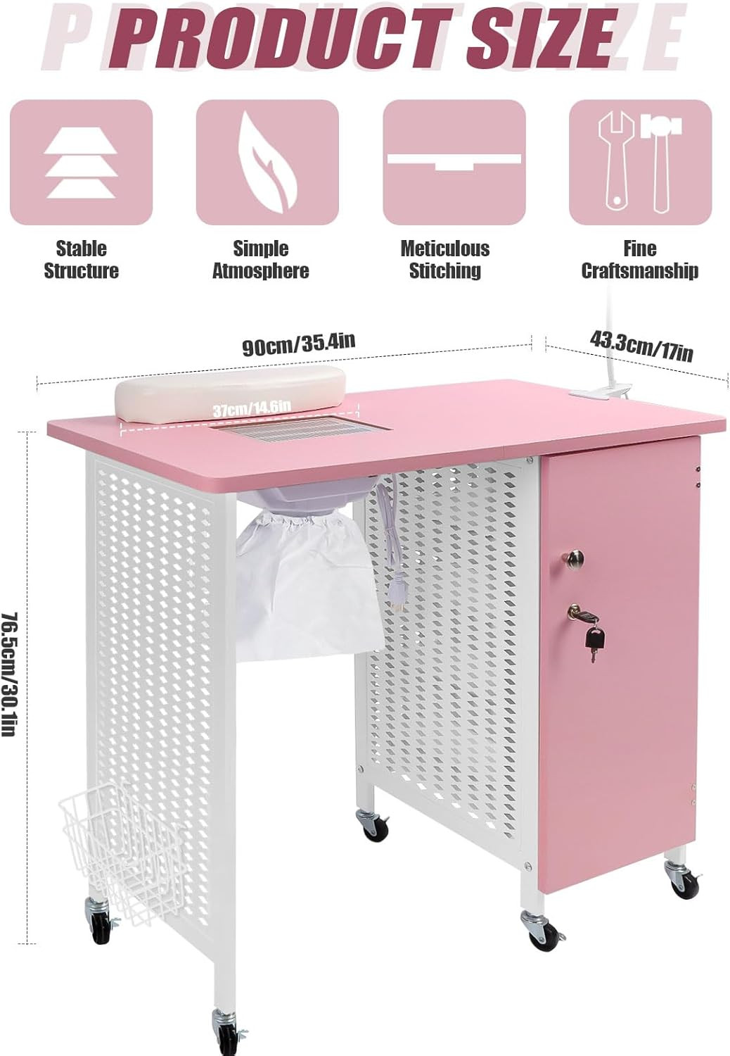 Manicure Nail Table, Mobile Nail Station with Nail Dust Collector, 4 Drawers, LE