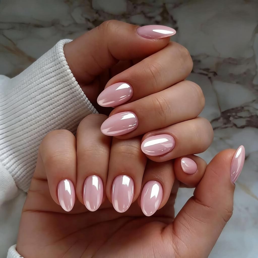 KXAMELIE Baby Pink Chrome Press On Nails Short, Shiny Extra Short Almond Pres…