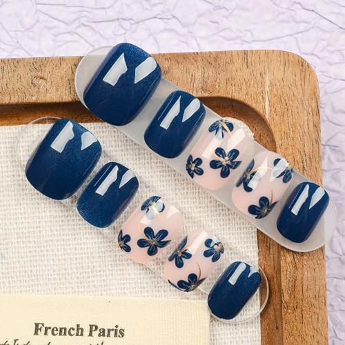 Dark Blue Press on Nails – Short Square Fake Nails with Flower Designs – Spring