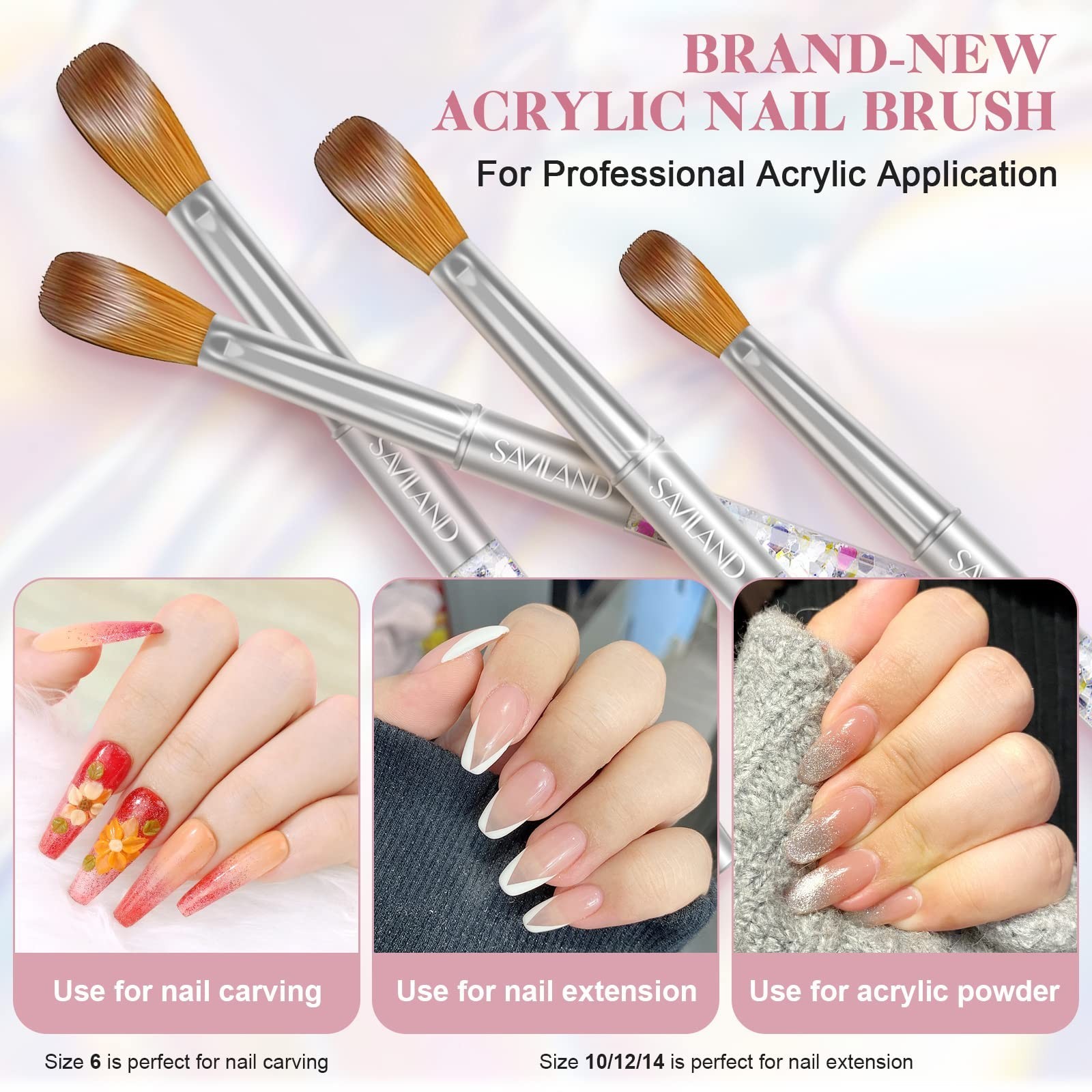 Acrylic Nail Brush Set 4PCS Size 6/10/12/14 + Practice Hand for Nail Art