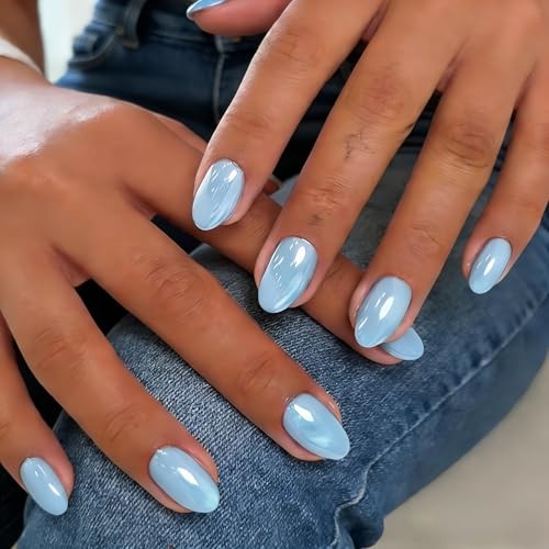 Chrome Press On Nails Short Oval – 32 Pcs Glazed Baby Blue Fake Nails