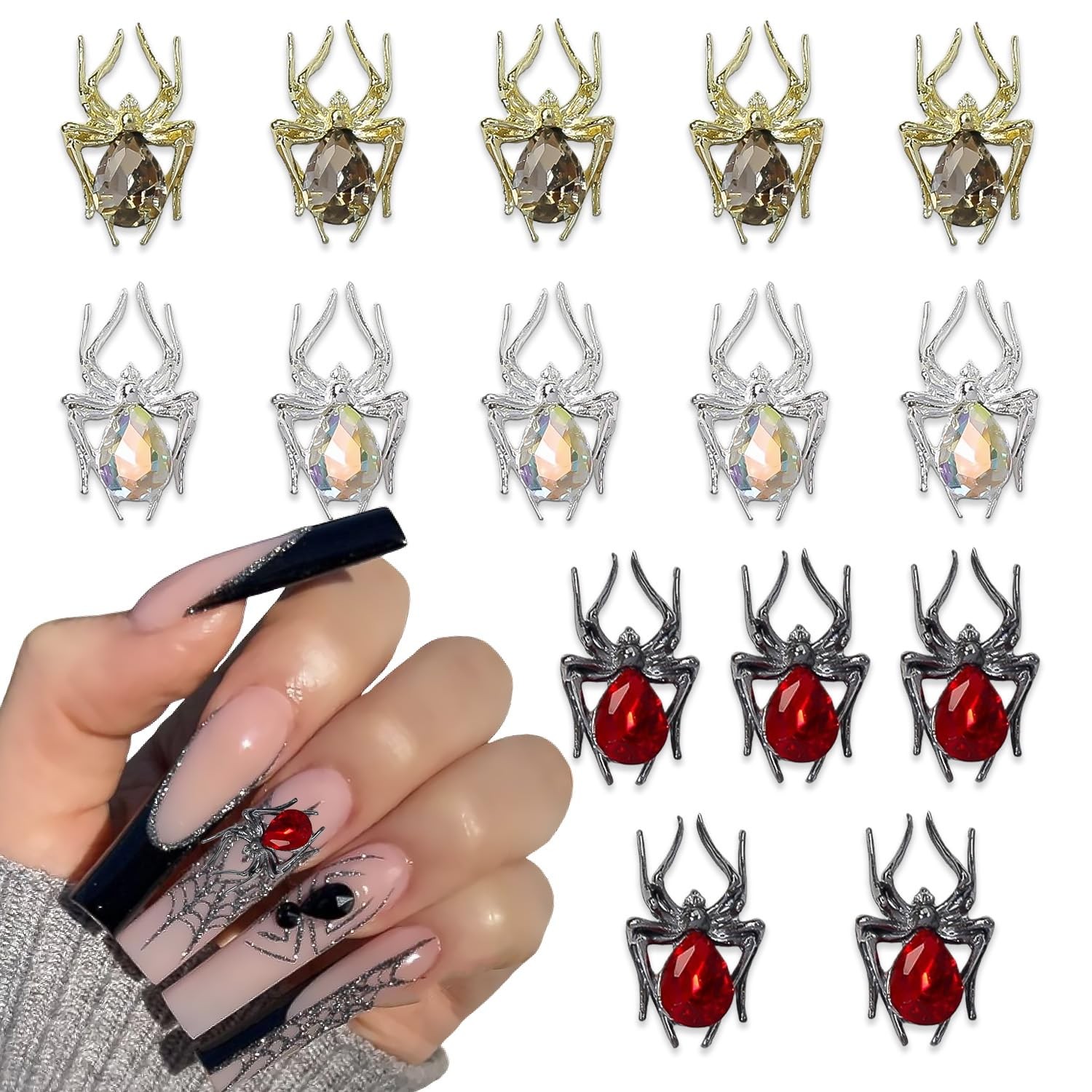 WBRRFJJ Spider Nail Charms Metal Alloy Rhinestone