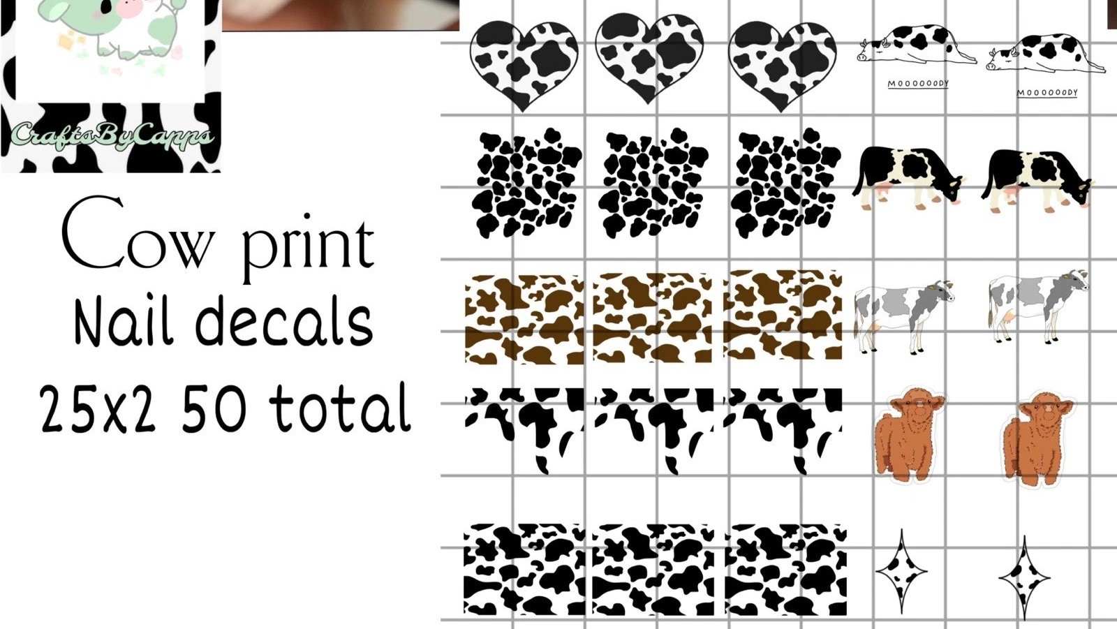Cow Print Waterslide Decals For Nails, Hot Wheels, Etc Set Of 50 KC