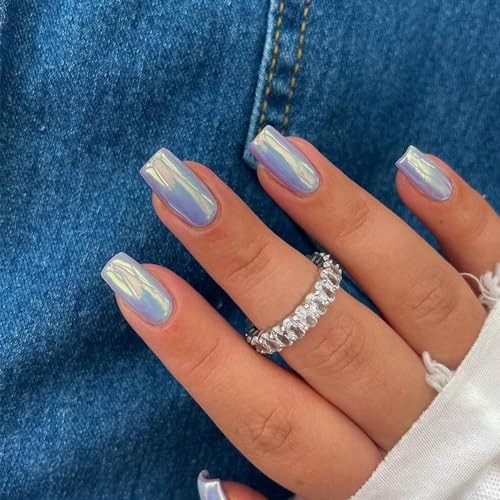 Mirror Metal Light Blue Press on Nails Medium Short Square Square Light Blue