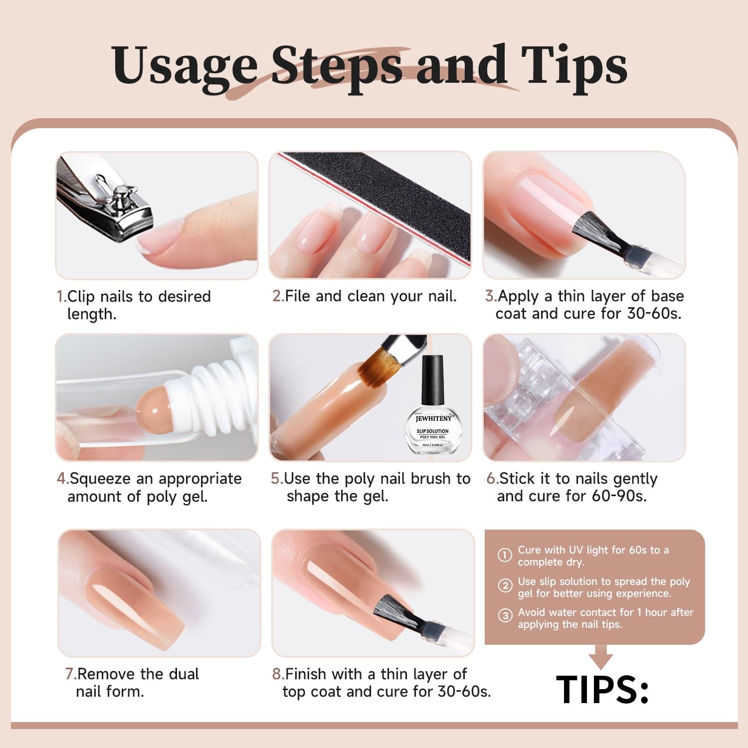 Poly Nail Gel Set Clear Nude Brown Neutral Classic Color Base and Top Coat Sl…