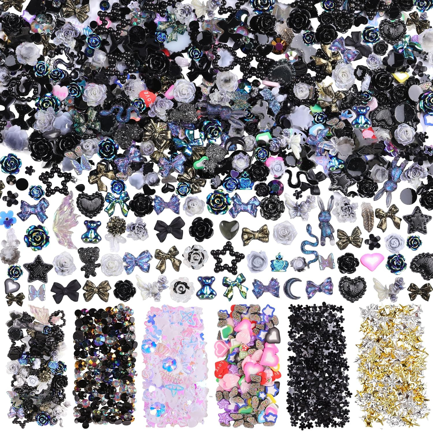 1500Pcs 3D Black Nail Charms for Acrylic Nails, Resin Butterfly Flower Star Hear