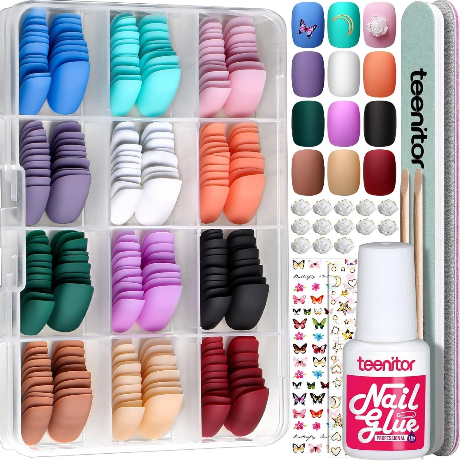Teenitor Matte Acrylic False Nails With Glue, 12 Co288pcs Short Press On Nails,