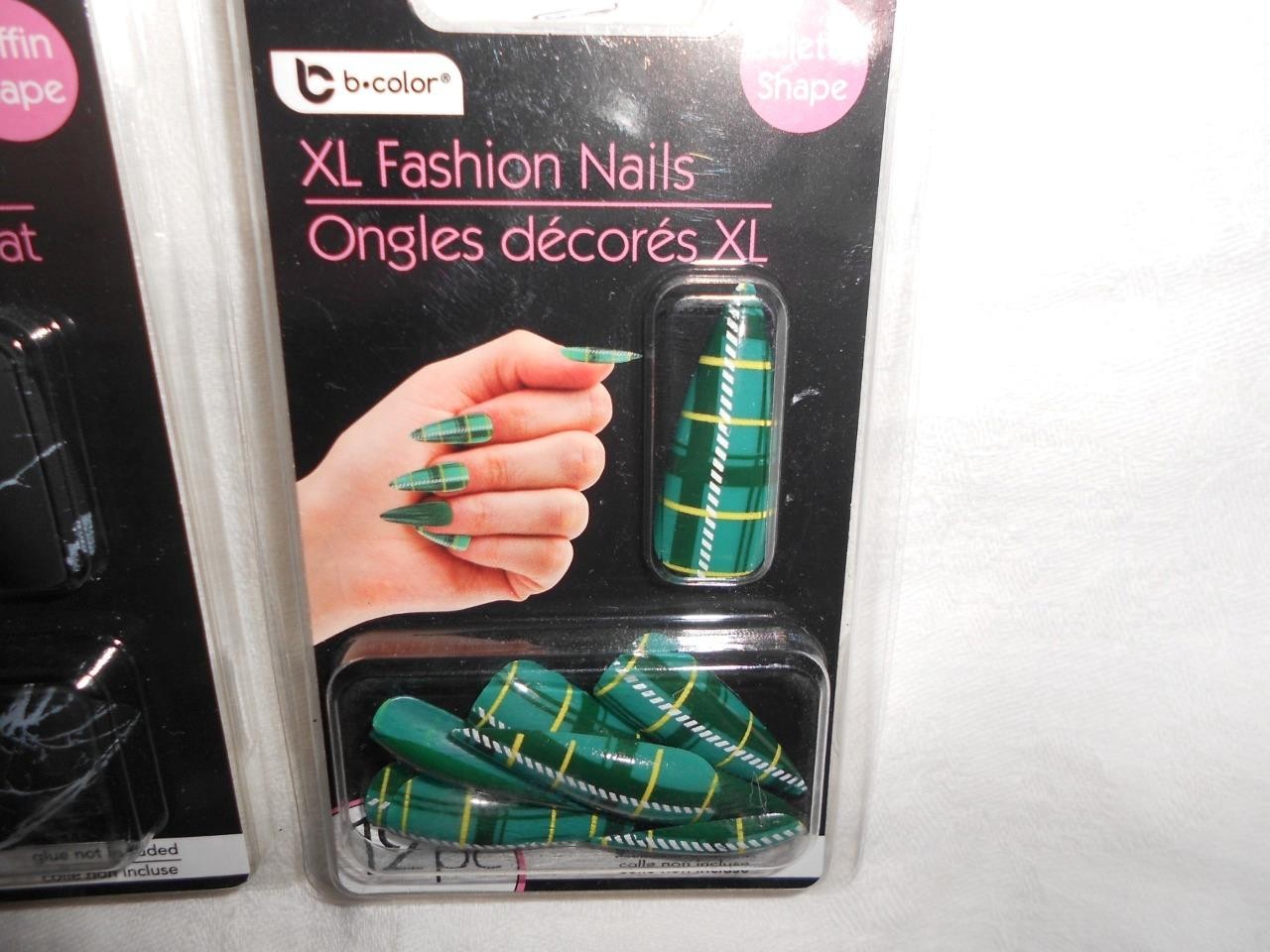 Lot 3 12pk B-Color XL Green Plaid, Purple Tip & Black Marble Fashion Nails NEW